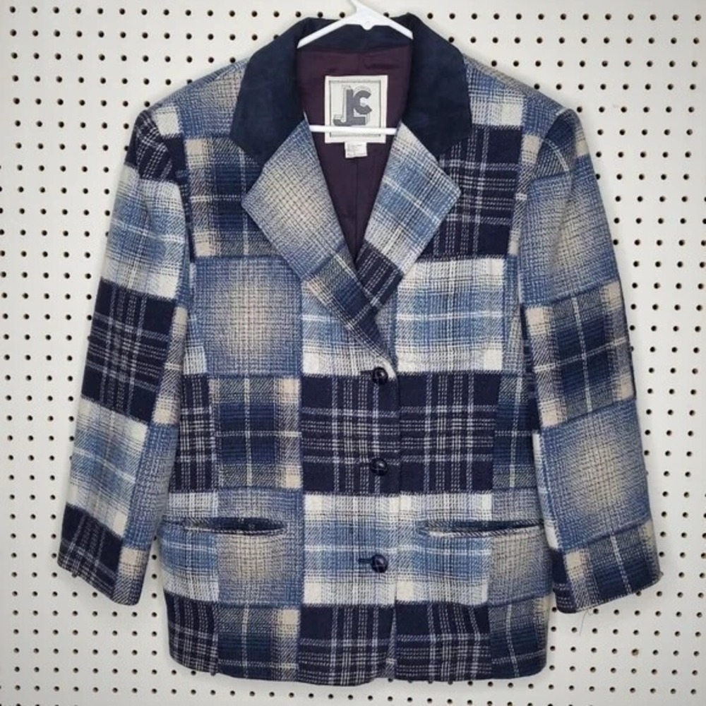 JLC Patchwork Plaid Jacket Large Women Blue Wool Blend 3-Button Pocket Old Money